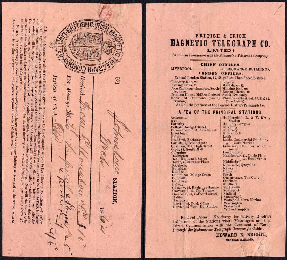British & Irish Receipt 1864