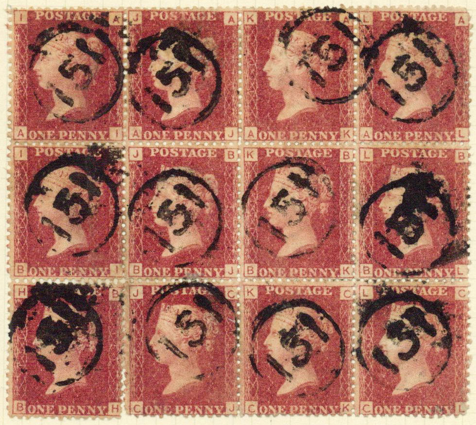 Railway Telegraph cancel 1469 on 12 x 1d stamps