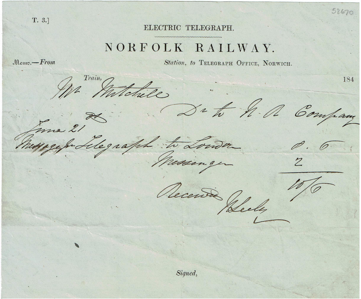 Norfolk Railway Memo of 1840s.