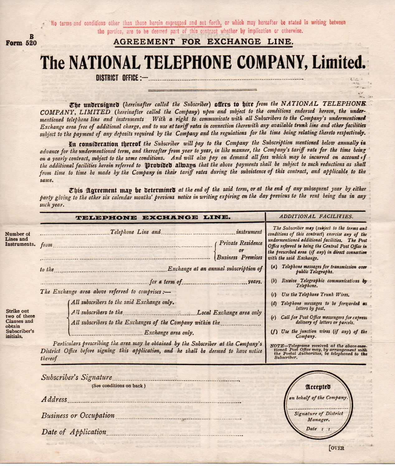 National Telephone Co. Agreement.
