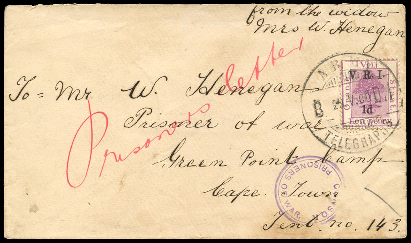 Prisoners letter, B DN on 1d postage stamp.