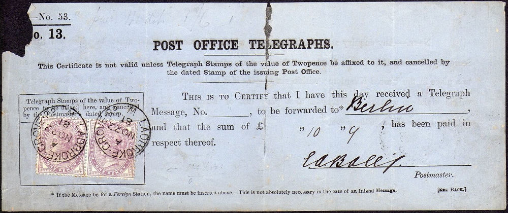 Later Post Office Telegraph receipt.