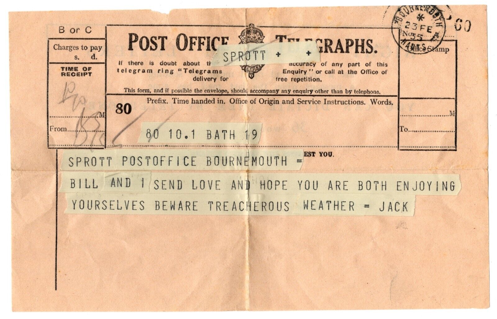 PO Telegraph Form of 23-2-1935 - front