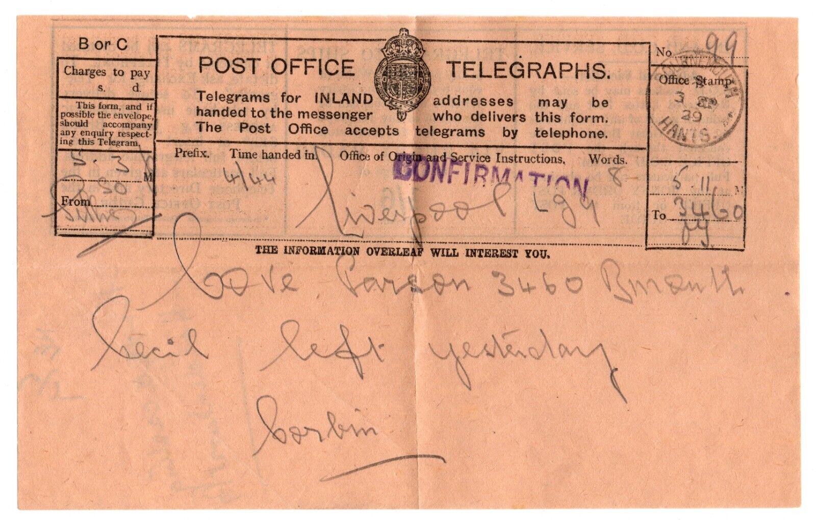 PO Telegraph Form of 3-9-1929 - front
