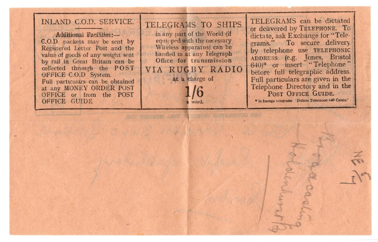 PO Telegraph Form of 3-9-1929 - back