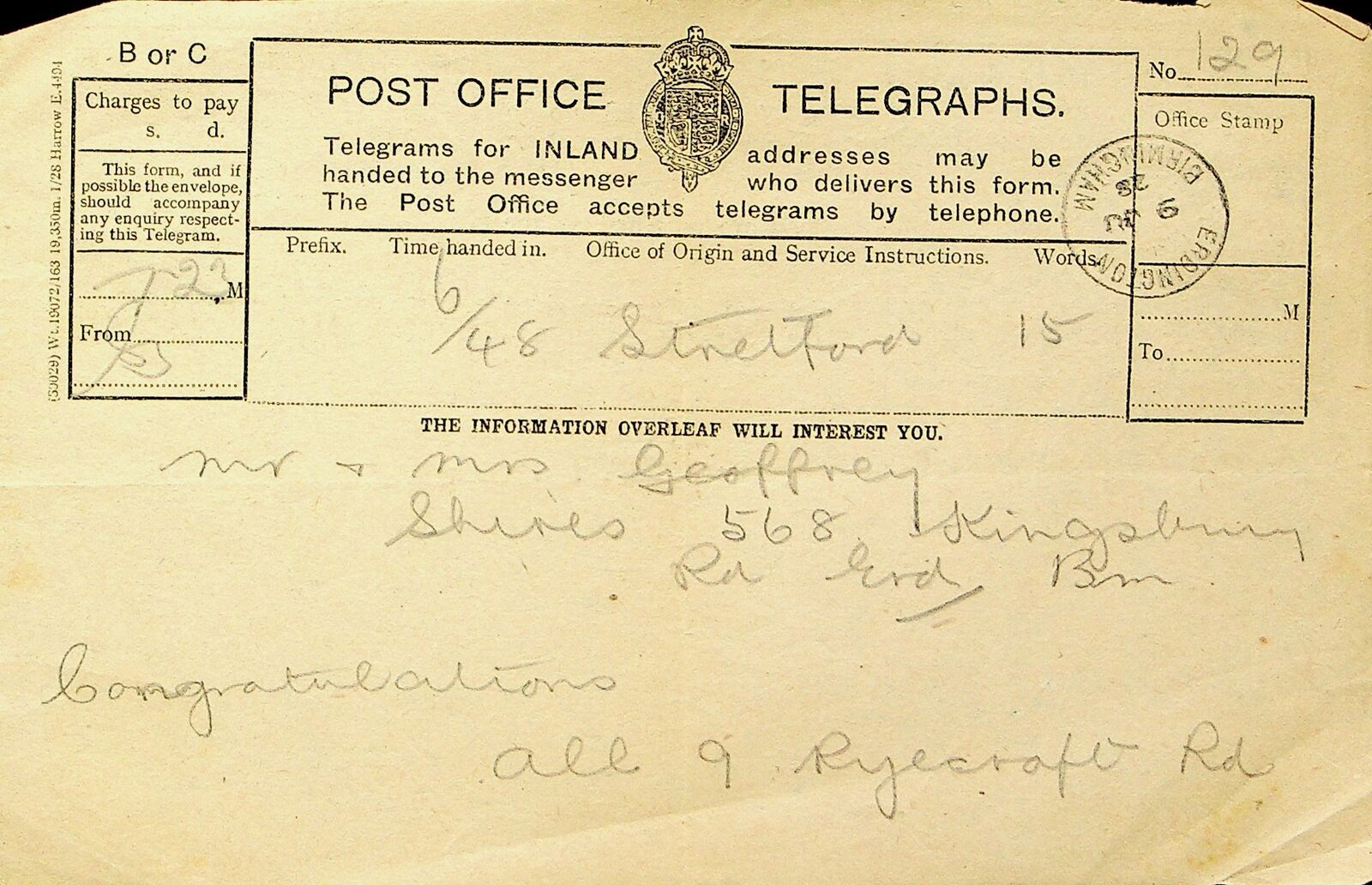 PO Telegraph Form of 9-6-1938 - front