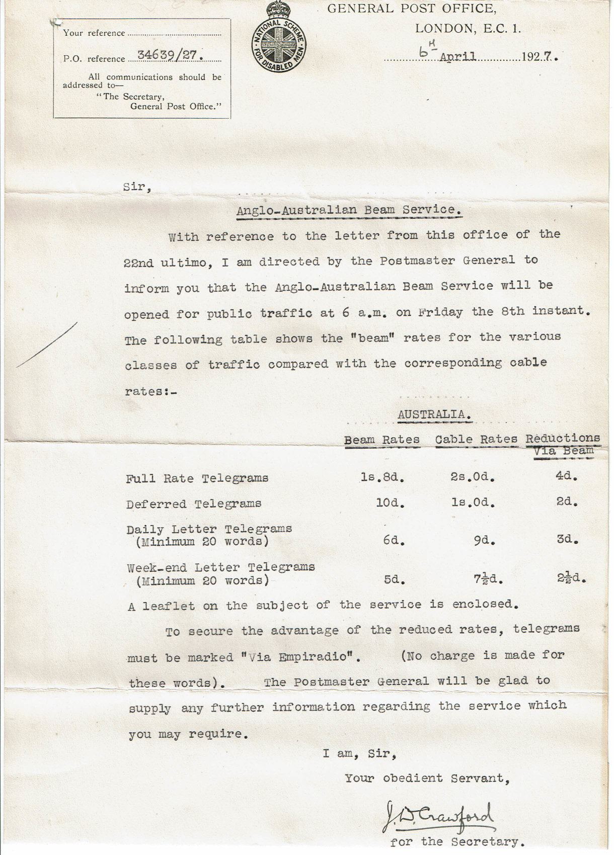 PO letter - 6 April 1927
