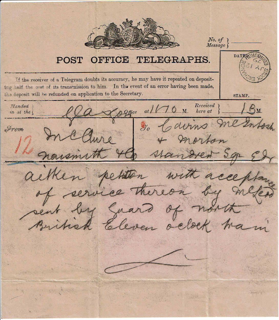 Received Telegram 1879 - front