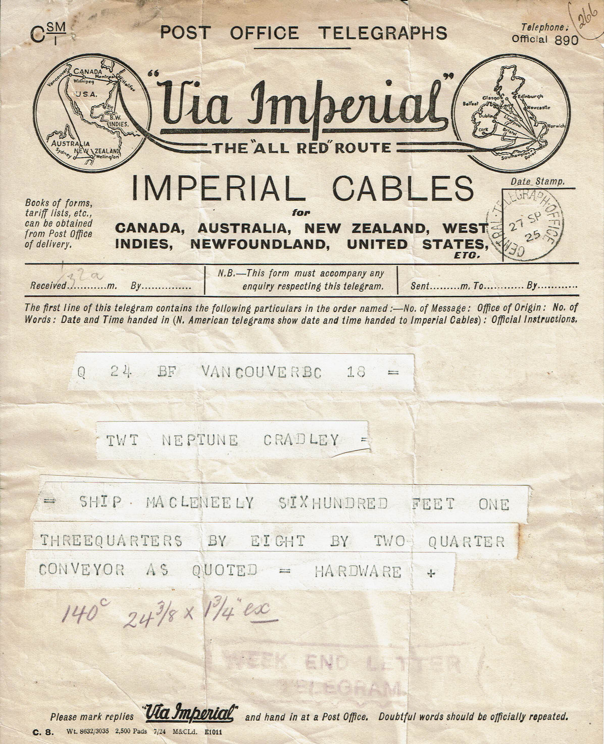 Imperial PO Telegraph Form - April 1924