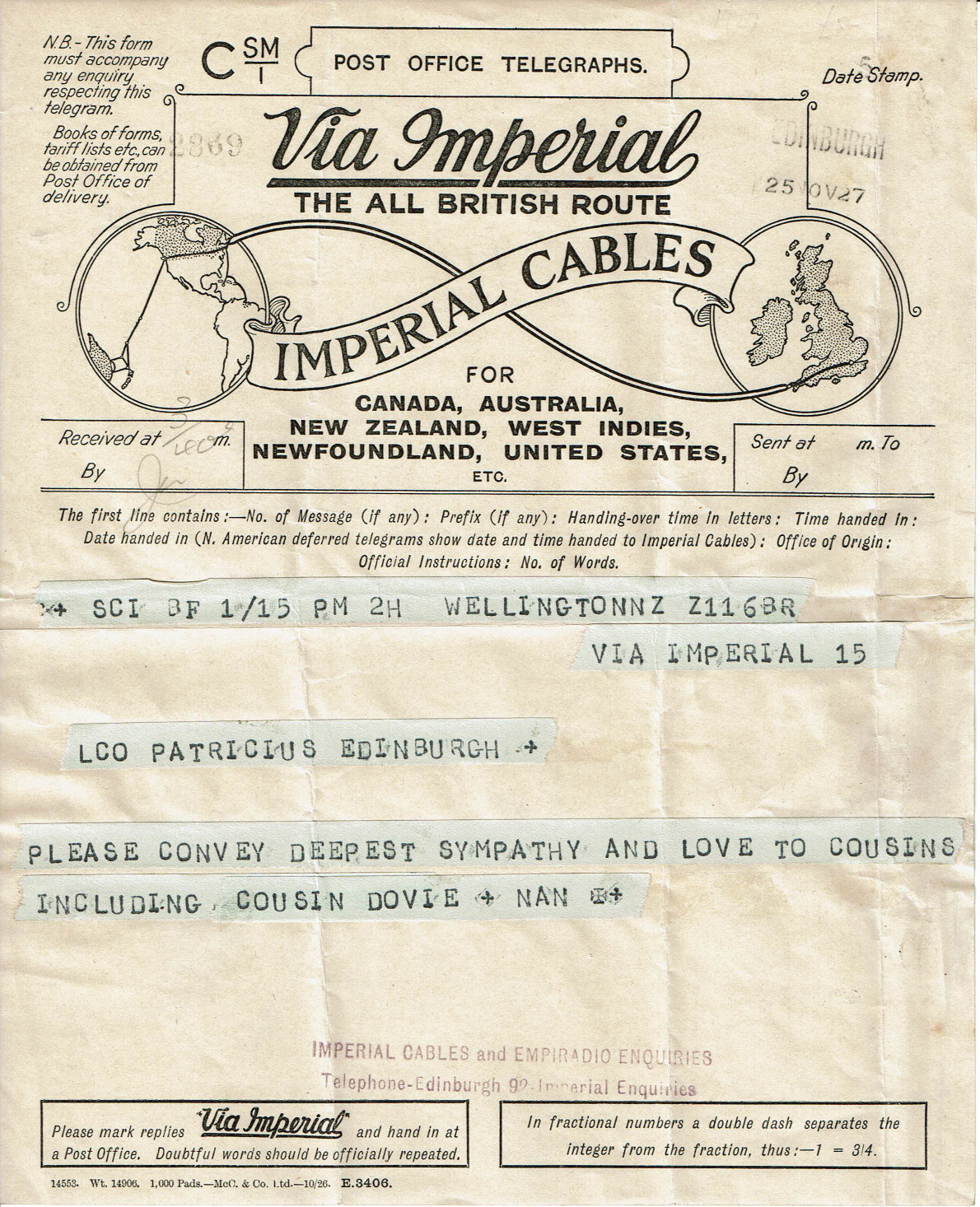 Imperial PO Telegraph Form - October 1926