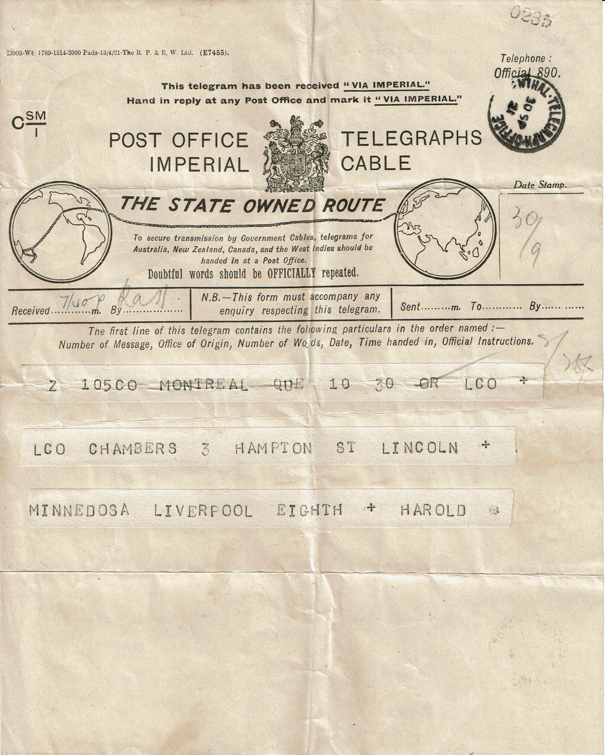Imperial PO Telegraph Form - April 1921