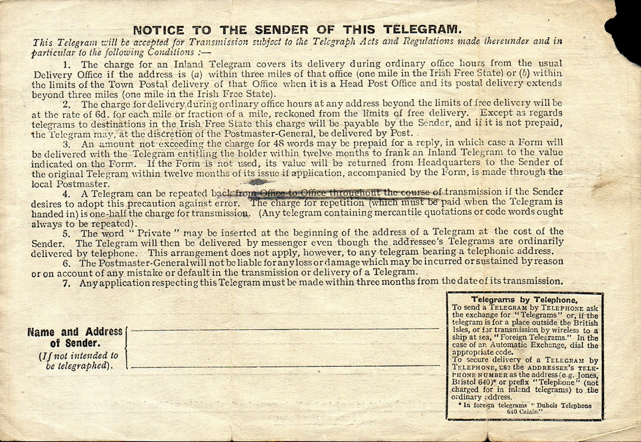 PO Telegraph Form - 1934 ? - back