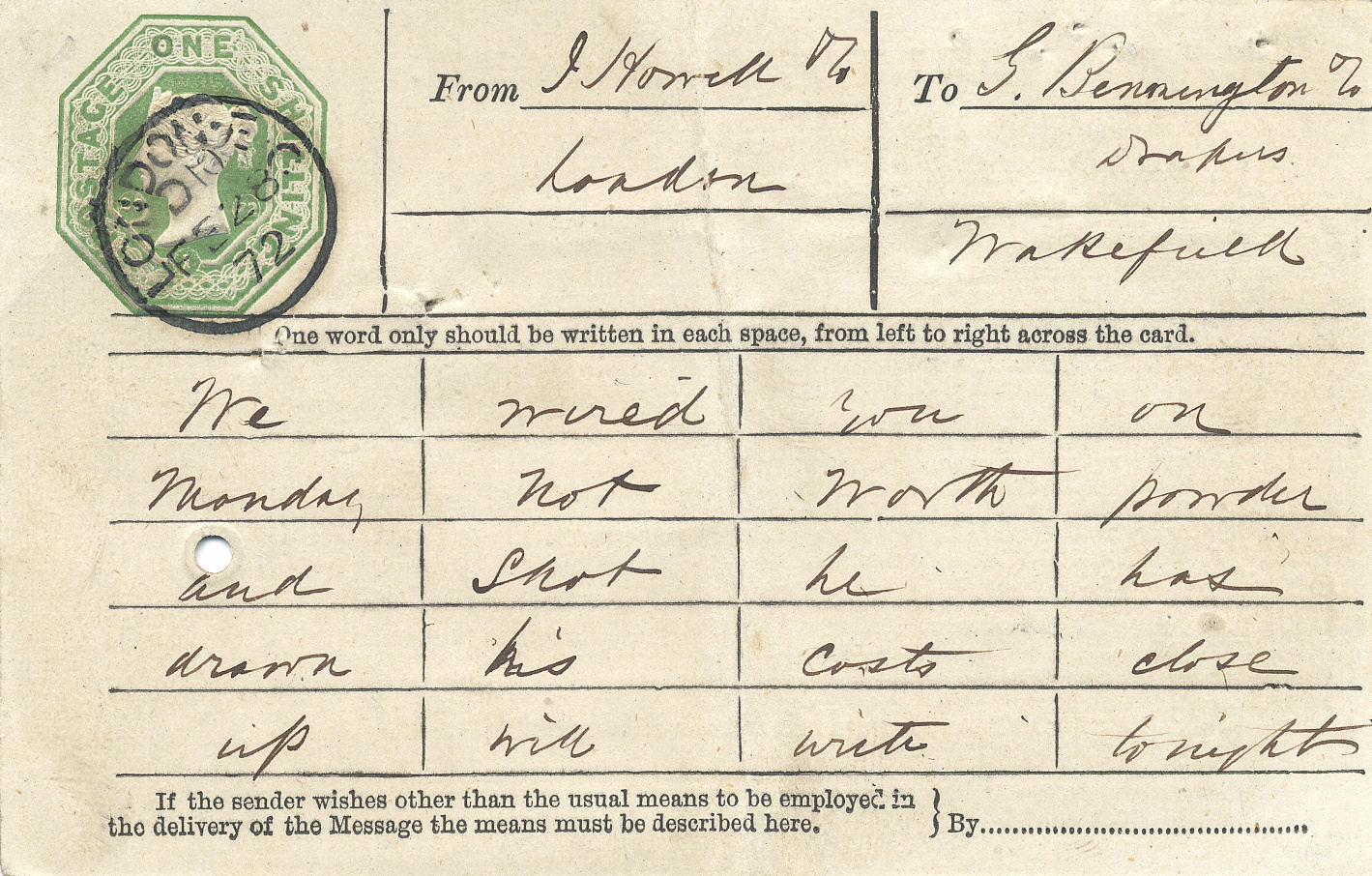 Used 1s Postal Telegraph Card 1872