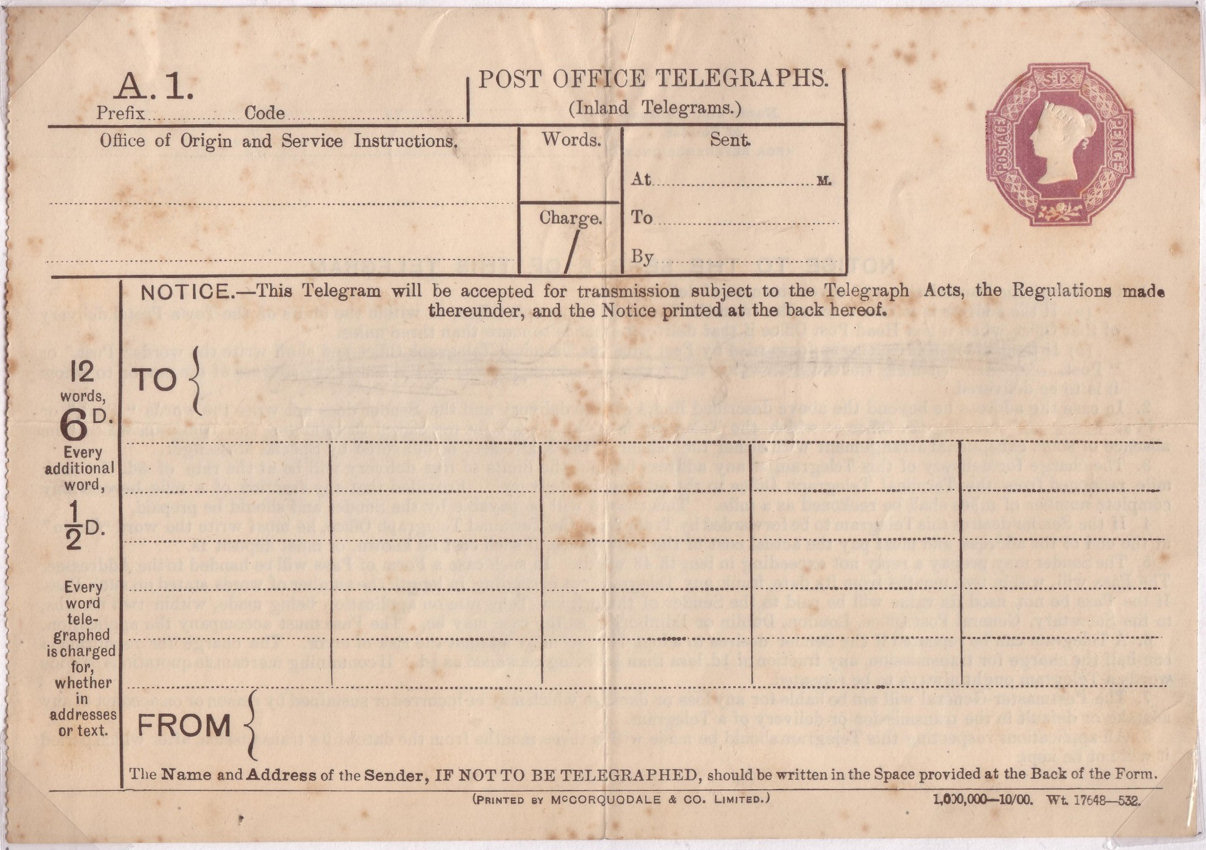 6d Post Office Telegraph Form - TP16bb