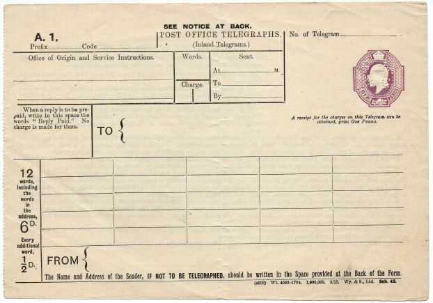 Post Office Telegraph form with perfin