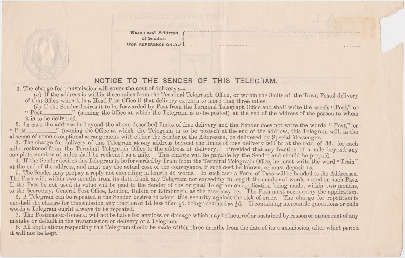 6d Post Office Telegraph Form - back