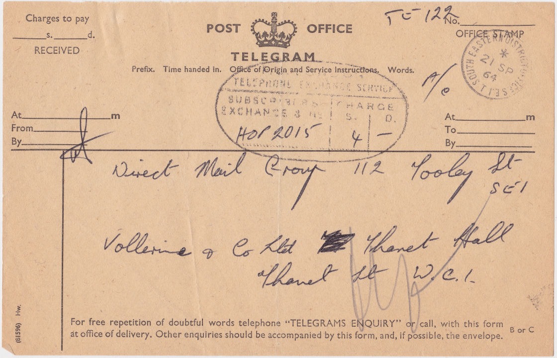 PO Telegraph Form - 15-9-1964