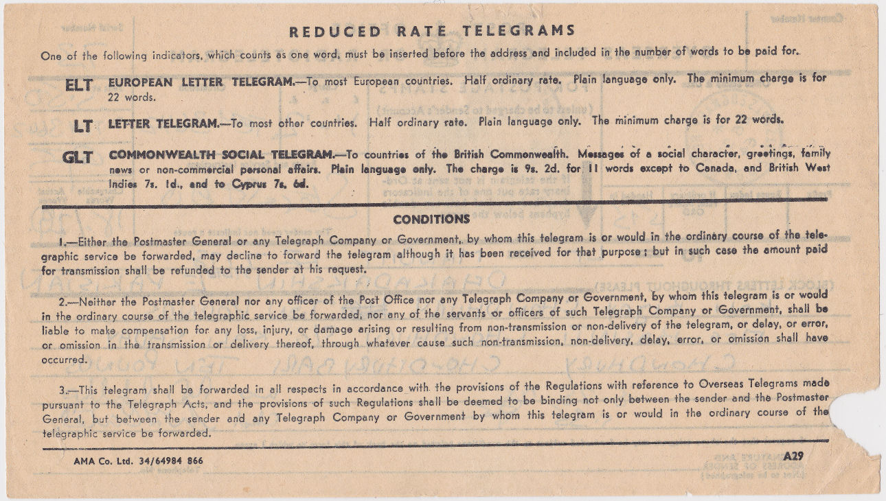 PO Telegraph Form - 15-9-1964 - back