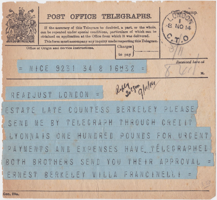 PO Telegraph Form - 8-11-1914