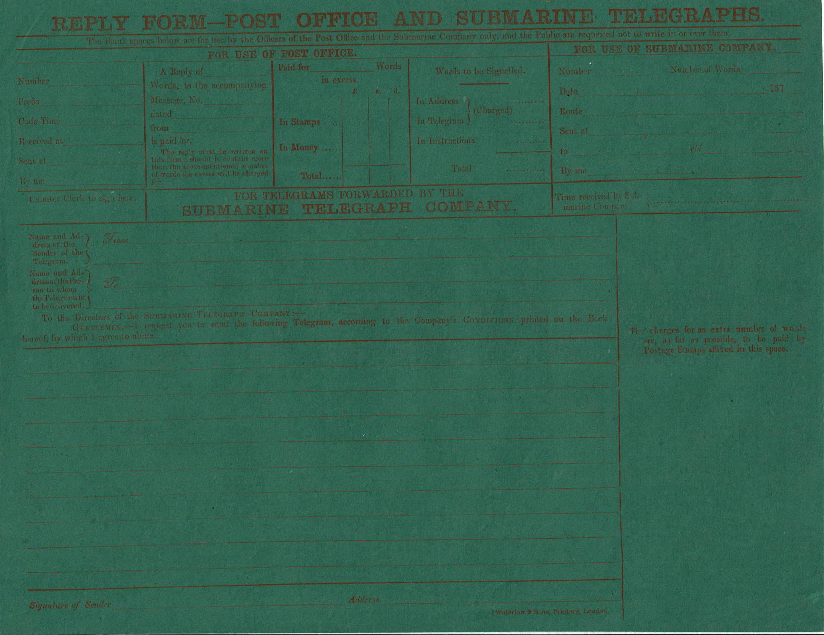 PO & Submarine Tel Co. 1870's Reply Form in red - front
