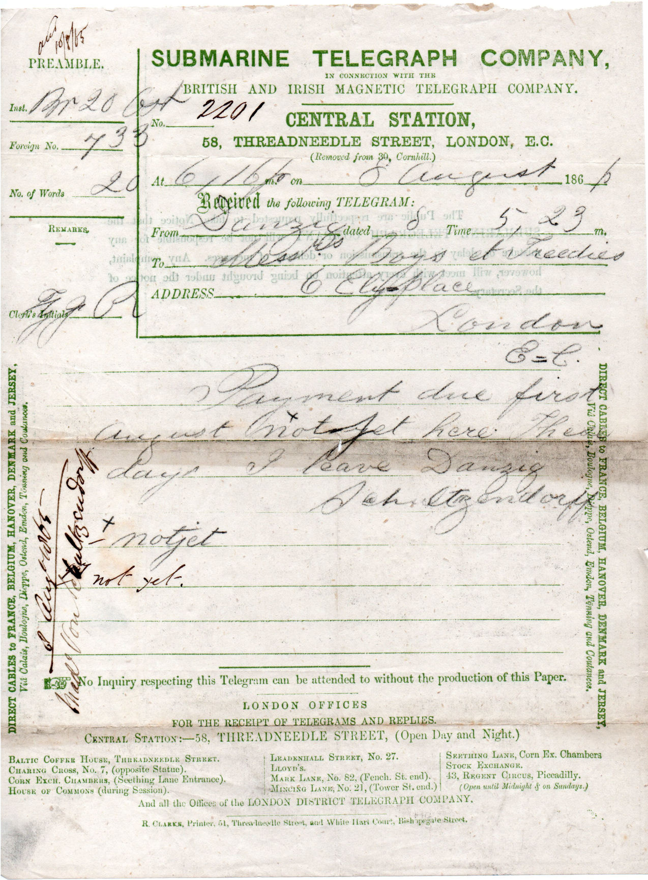 Submarine Telegraph Co. 1865 form - front
