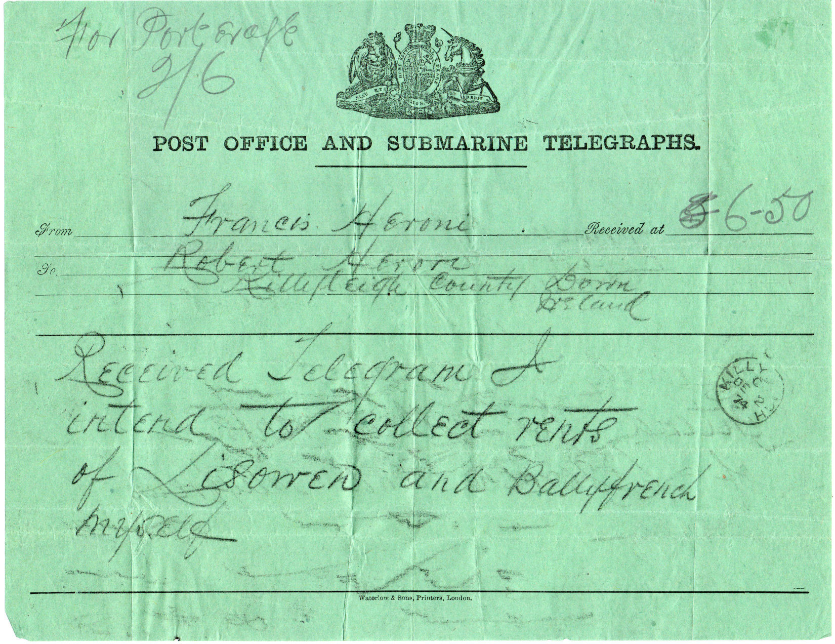 PO & Submarine Telegraph Co. 1874 form