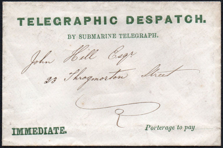 Submarine Telegraph Co. delivery envelope circa 1861 - front