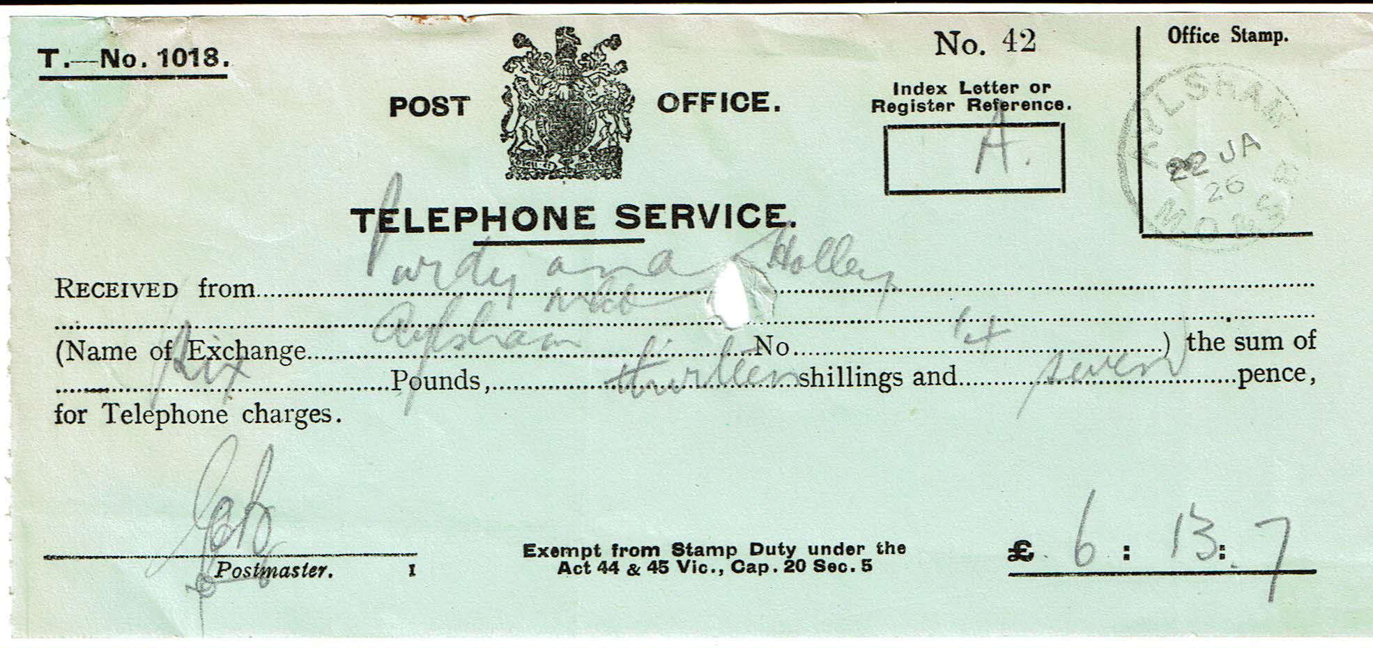Telephone 1926 Receipt