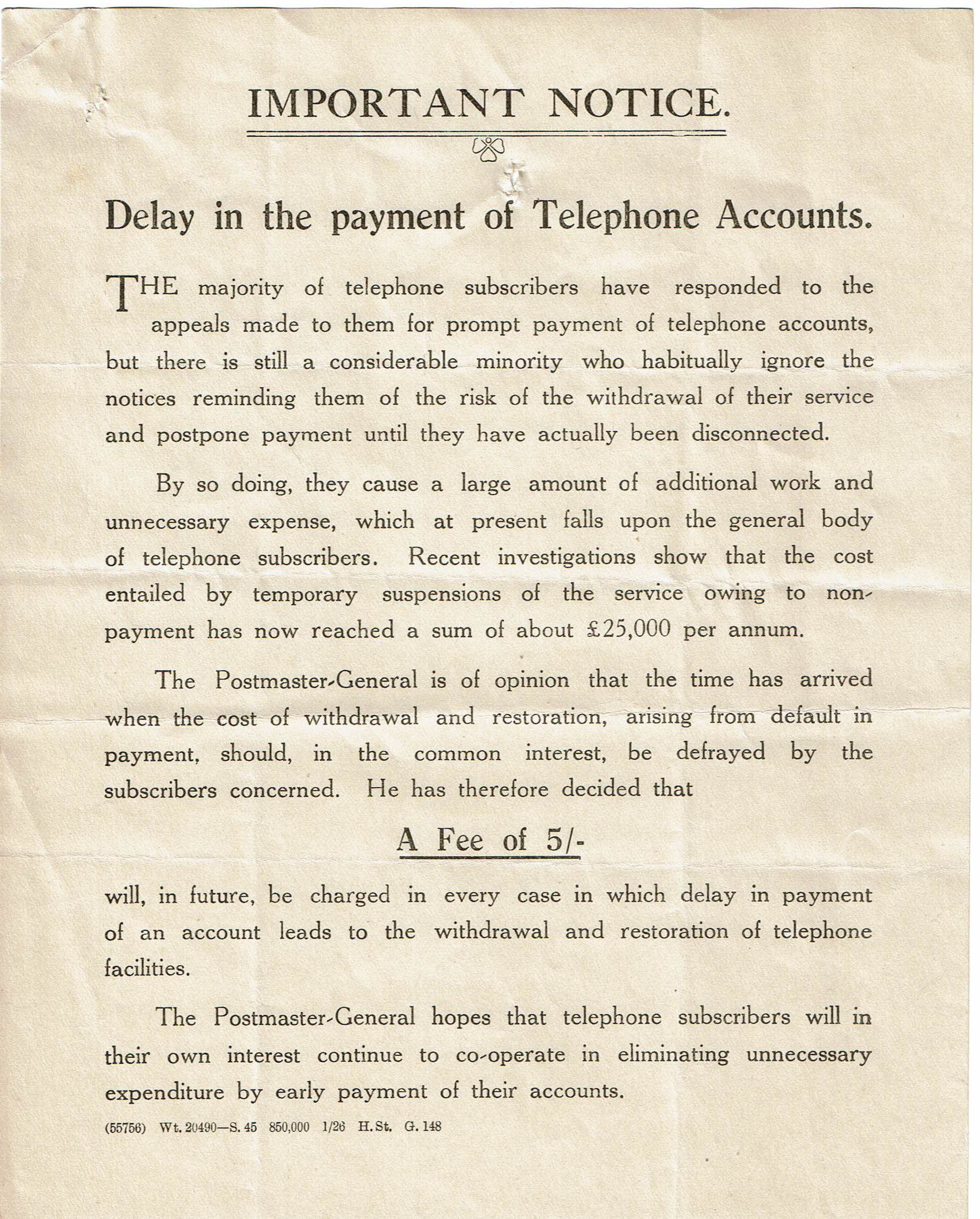 Telephone Late payment fine