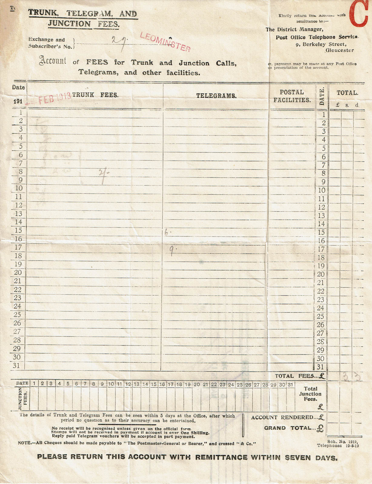 Telephone Leominster 1913 bill