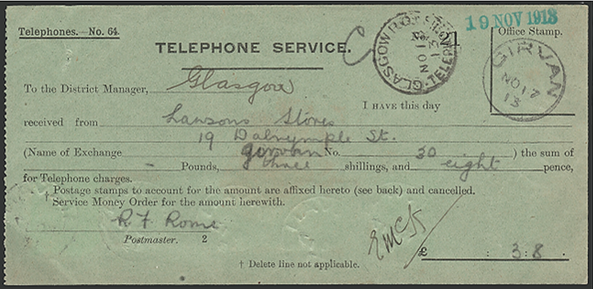 Telephone Girvan 1913 receipt - front