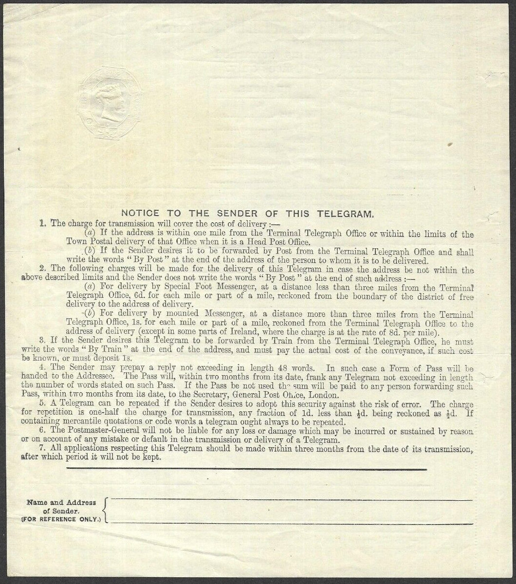 6d A1S/E Post Office Telegraph Form - back