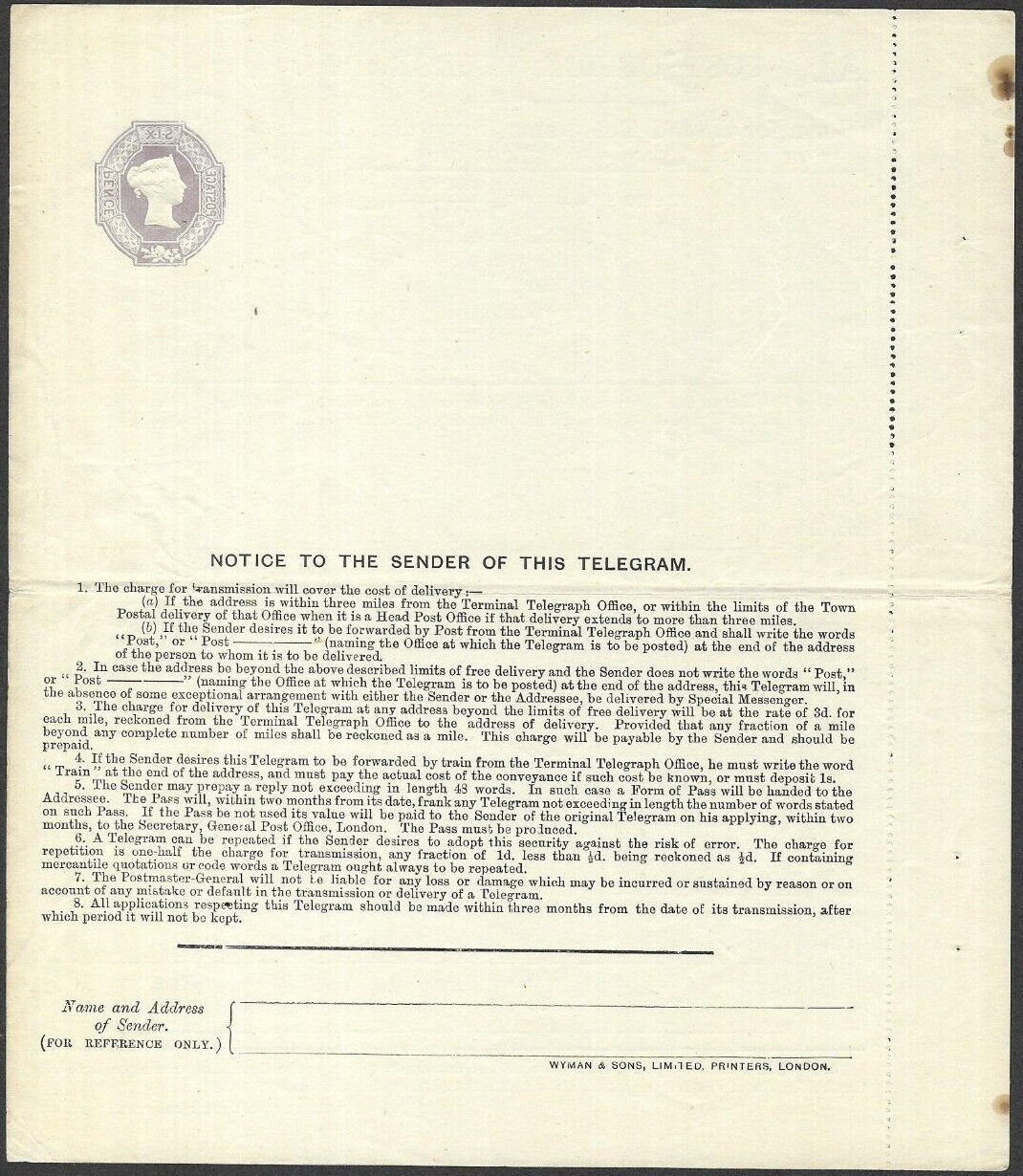 6d A1S/E Post Office Telegraph Form - back