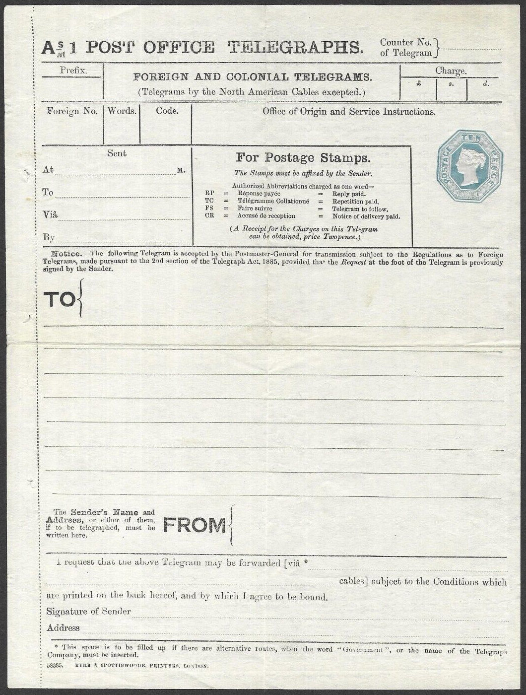 10d A1S/M Post Office Telegraph Form - front