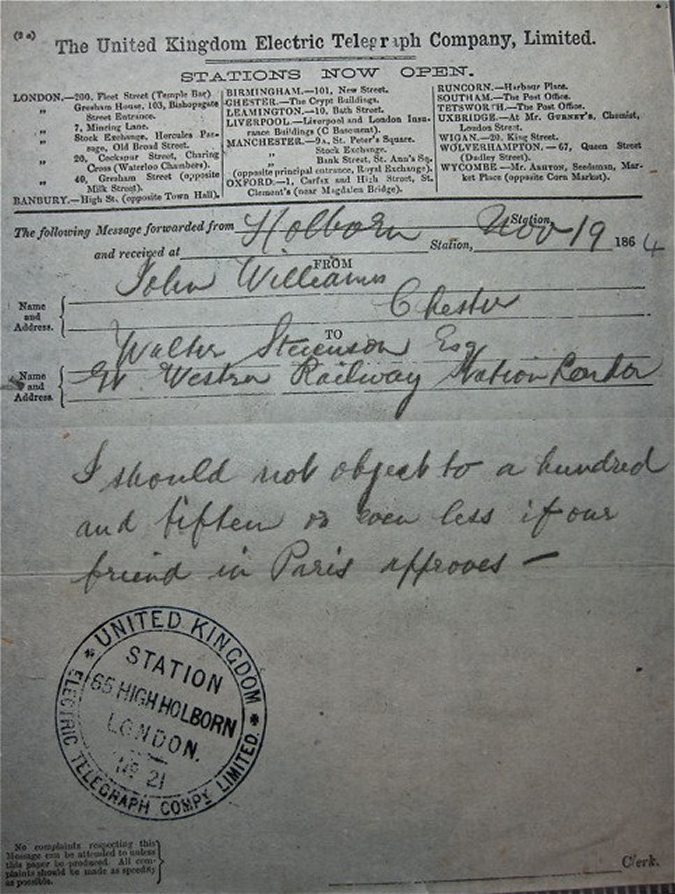 1864 UKET Telegram.